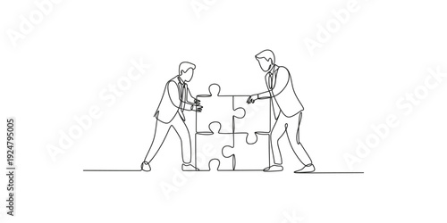 Two businessmen in a continuous line drawing collaborate to connect a puzzle piece.