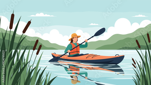 Young woman in a life vest and hat paddling an orange kayak on a serene lake with beautiful mountain and reed scenery.