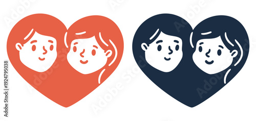 Silhouettes of man and woman inside heart. Love icons. Male and female smiling faces. Couple romance. Romantic relationship. Vector red and black Valentine simple isolated symbols set