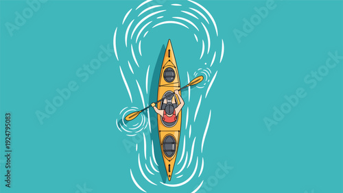 Aerial view of a person in a yellow kayak paddling through clear blue sea water creating ripples and circular patterns.