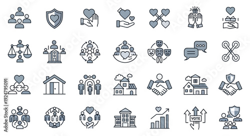 Collection of blue line icons representing business community and support