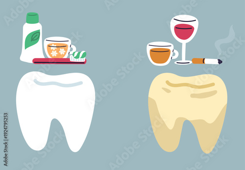 Healthy white tooth thanks to care and cleaning with toothpaste. Unhealthy yellow molar due coffee, alcohol and cigarettes. Teeth whitening. Dental hygiene. Bad habit. Vector concept