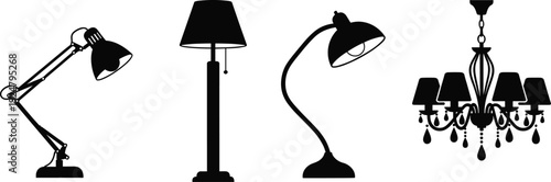 Lamp silhouettes collection desk floor table and chandelier lighting fixtures vector illustration isolated on white background set