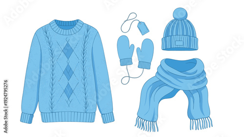 Light blue winter clothing set featuring a stylish patterned sweater matching knit hat mittens and a warm scarf.