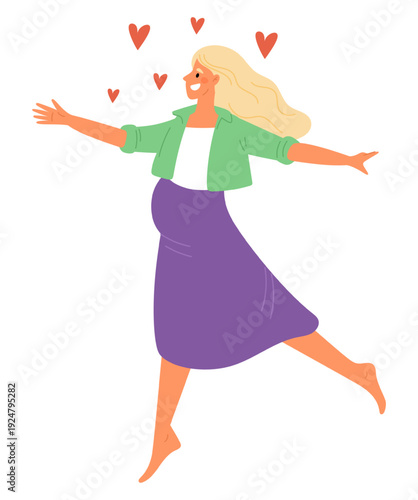 Happy pregnant woman radiates love and happiness. Joy from process of motherhood. Belly female walking. Joyful motherhood. Mother expecting childbirth. Young moms fun. Vector concept