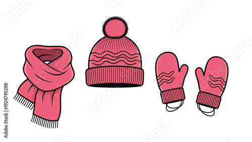 Pink winter apparel set including a knit hat with pompom matching warm scarf and mittens with stylish wavy patterns.