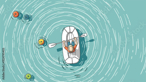 Overhead view of a lone person rowing a small white boat through rippling turquoise water creating beautiful circular patterns.