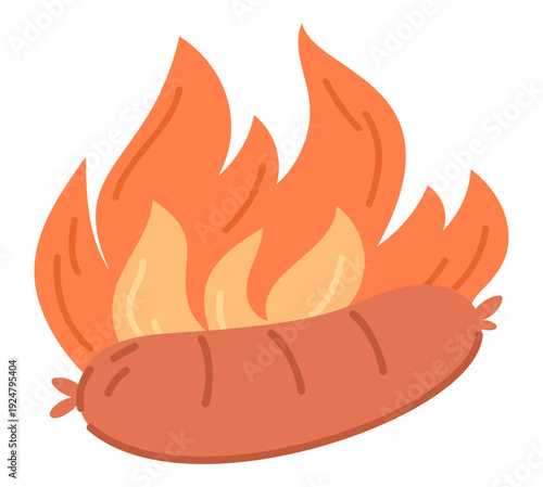 Grilled sausage or frankfurter over open flame. Roasted meat for hot dog. Barbecue fire. Fiery BBQ picnic. Food cooking. Snack burning. Blazing bratwurst. Barbeque ignition. Vector concept