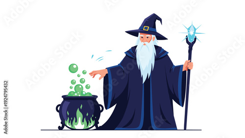 Powerful wizard with a long white beard and blue robes using magic over a bubbling cauldron with green liquid and holding a staff.