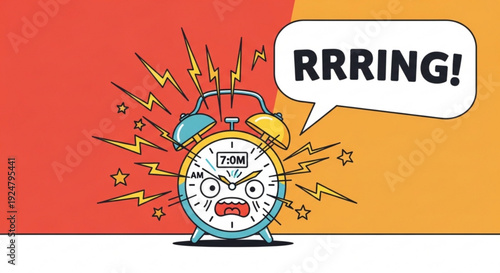 Angry alarm clock ringing loudly at 7 00 am with shocked expression on red and orange background