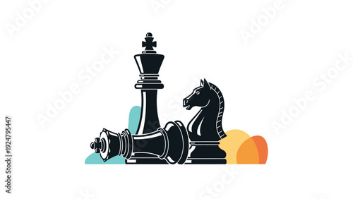 Three black chess pieces including a king a knight and a fallen queen arranged artistically with colorful abstract background shapes.