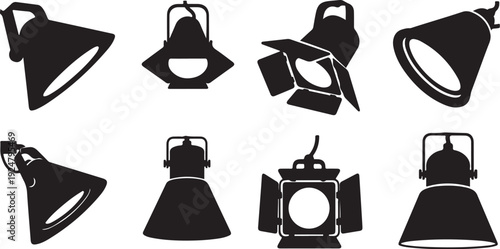 Collection of various stage lights and spotlights in silhouette