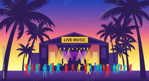Vibrant live music festival at sunset with crowd dancing under palm trees at outdoor concert venue