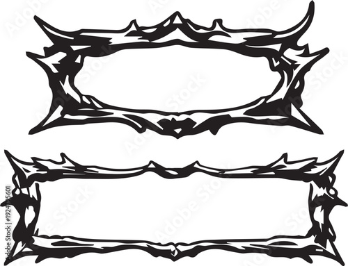 Two distinct black rectangular frames, both adorned with sharp, intricate, and somewhat thorny decorative edges.