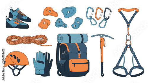 Detailed set of mountain climbing gear including specialized shoes a rope helmet backpack harness and an ice axe for outdoor sport.