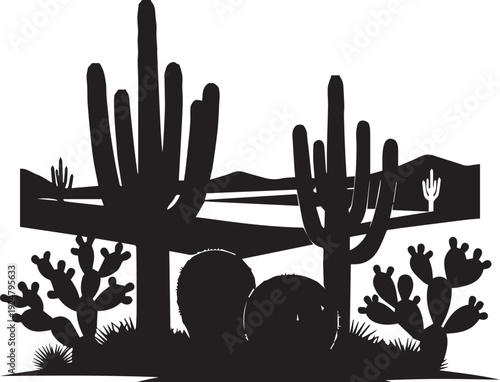 Desert landscape with cactus plants and mountains vector silhouette