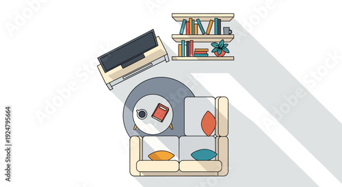 Round dining table top view with chairs and tableware