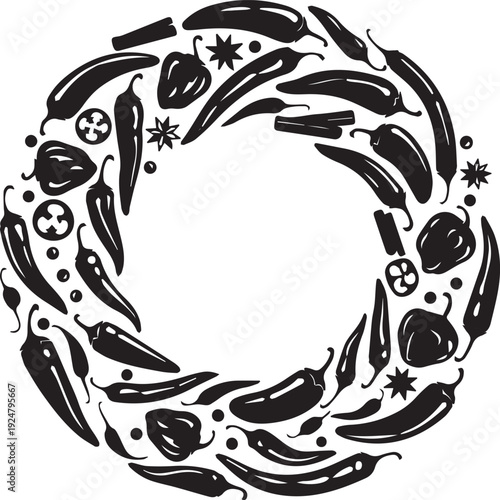 Chili peppers and stars circle frame vector illustration