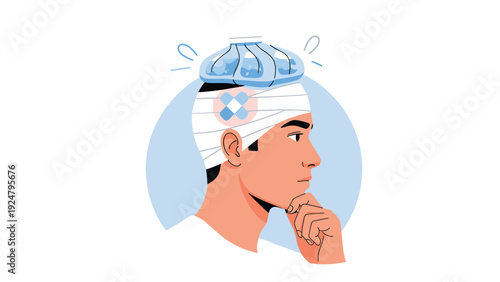 Profile view of a man with a bandaged head and an ice pack on top looking pensive and thoughtful while recovering from an injury.