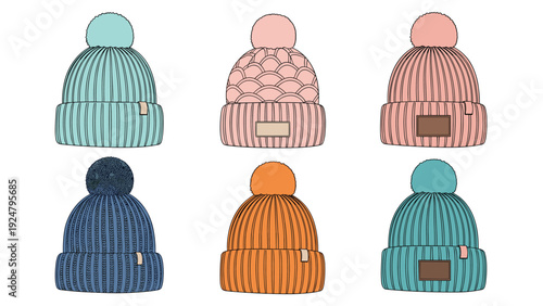Collection of six colorful knitted winter beanie hats with pom-poms shown in various shades of blue pink and orange for cold weather.