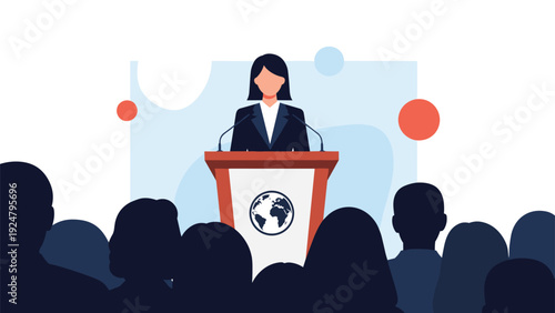 Professional woman standing at a podium giving an important speech or presentation to a large audience in a conference hall setting.