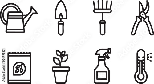 A collection of gardening tools and accessories for plant care and maintenance Vector