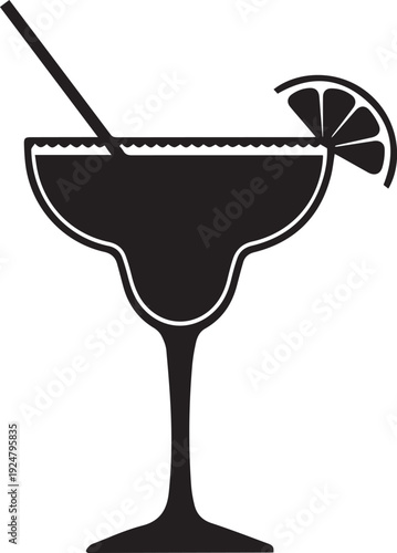Margarita cocktail silhouette vector illustration with straw and lime slice line art
