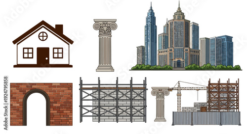 Architecture elements set with classical columns and modern skyscrapers