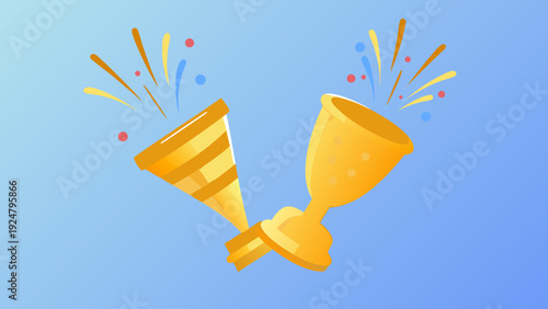 Golden trophy cups with fireworks on blue background celebrating achievement and success in a festive atmosphere with sparkling confetti