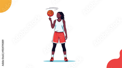 Athletic woman basketball player in sports gear spinning a basketball on her finger against a clean white background with shapes.