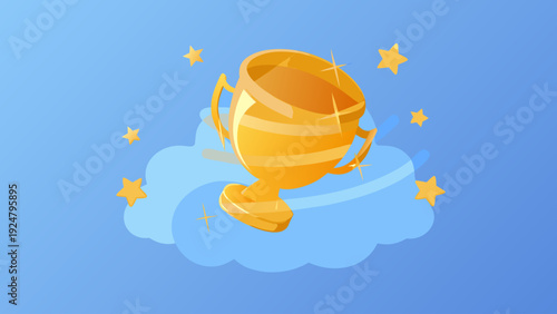 Golden trophy cup on a cloud with stars symbolizing achievement and success in a dreamy abstract scene