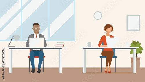 Two office workers multitasking at desk with laptop and phone in modern workspace environment