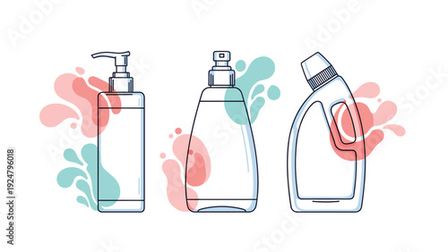 Collection of three plastic bottles for various cleaning and hygiene products such as liquid soap detergent and lotion in a line art style.