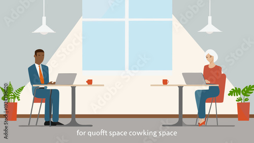 Two coworkers working on laptops in a quiet modern coworking space with plants and large window