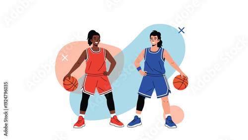 Two female basketball players in red and blue uniforms standing together and holding basketballs against an abstract background.