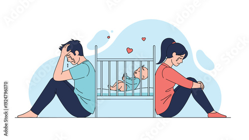 Distressed parents sitting back-to-back while their baby cries in a white crib illustrating the challenges of new parenthood and stress.