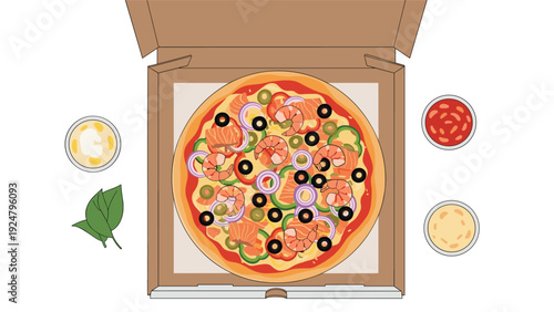 Overhead view of a delicious seafood pizza with shrimp and vegetables in an open cardboard box with dipping sauces and fresh leaves.