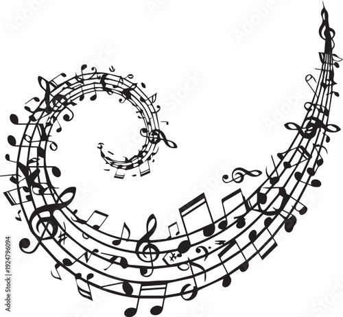 Music notes swirling spiral vector silhouette illustration line art flowing design