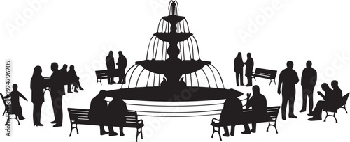 Park fountain with people silhouette illustration vector