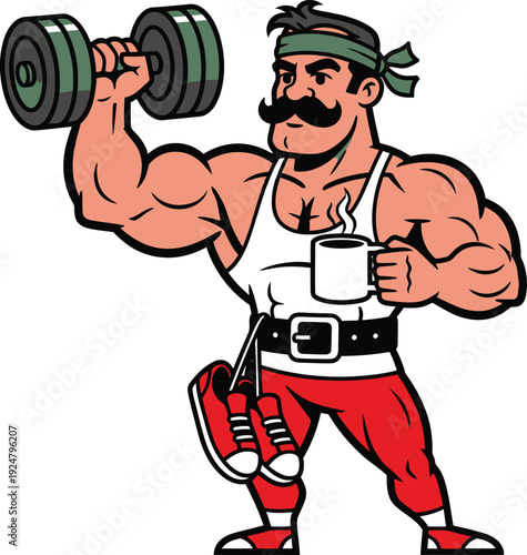 Vintage strongman lifting a dumbbell while enjoying a cup of coffee