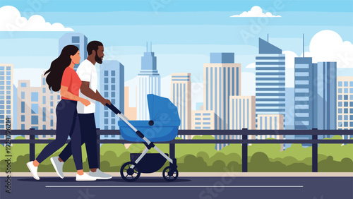 Young man and woman walking together and pushing a blue baby stroller on a path with a modern city skyline and skyscrapers in the back.