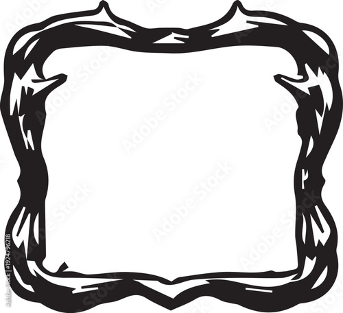 A robust black square like frame with thick, rounded yet spiky borders on a pristine white background.