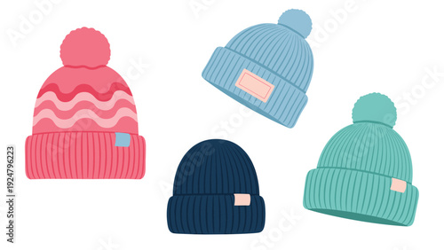 Collection of four stylish knitted winter beanie hats in various colors like pink blue navy and teal for cold weather accessories.