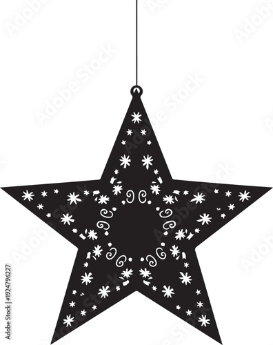 Silhouette star ornament with cutouts hanging on string vector illustration