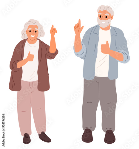 Elderly couple. Old man and woman. Senior family. Grandparents pointing fingers upward. Age wisdom. Grandma and grandpa with forefinger gesture. Happy retired people. Vector concept