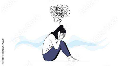 Sad woman sitting on the floor with her head in her hands experiencing stress anxiety and confusion shown as a tangled cloud above her.