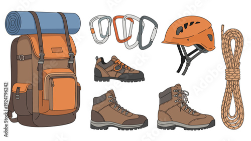 Comprehensive collection of hiking and trekking gear including a large backpack sturdy boots carabiners a helmet and a coiled rope.