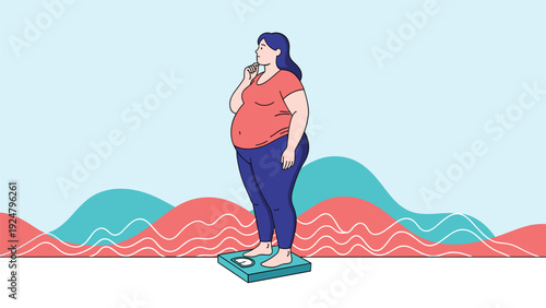Overweight woman standing on a weighing scale thinking about her health and fitness goals against a colorful wave background.