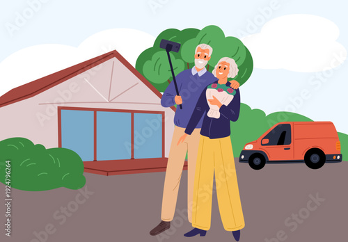 Elderly couple takes selfie on phone in front of their house and car. Family making photo. Grandparents housewarming. People at home yard. Grandmother with flower bouquet. Vector concept
