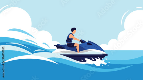Active man riding a blue jet ski on powerful ocean waves under a bright sky during summer vacation water sports activity.